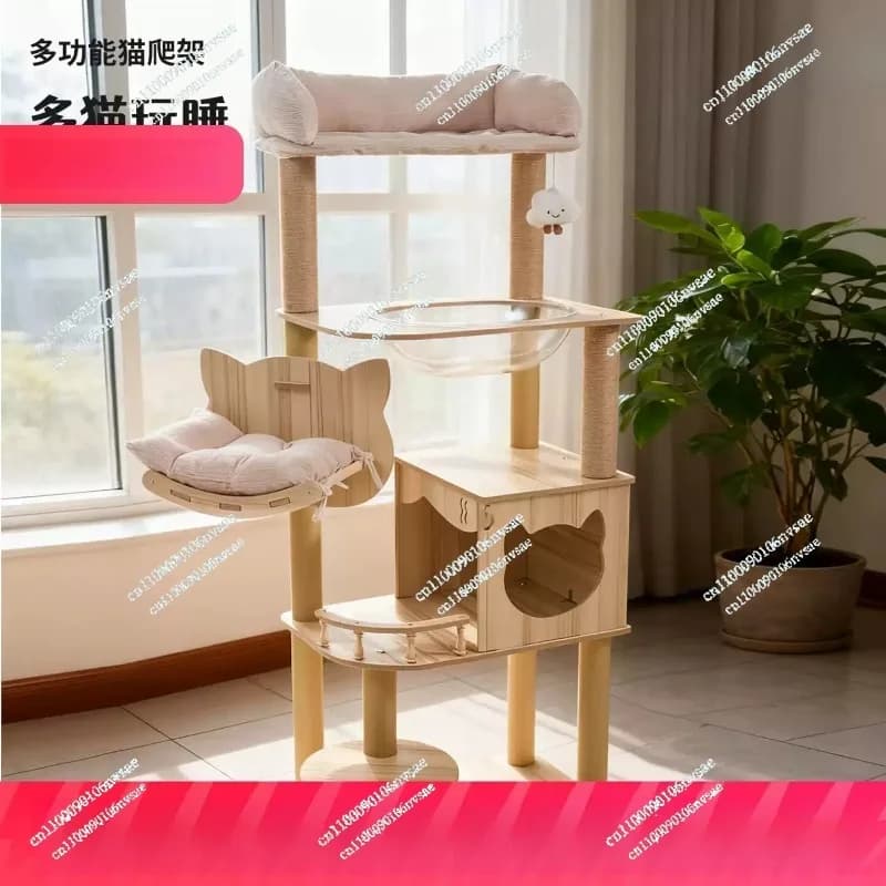 Albero per Gatti Alto in Legno con Cuccia e Postazione Morbida per Gatti da Interno