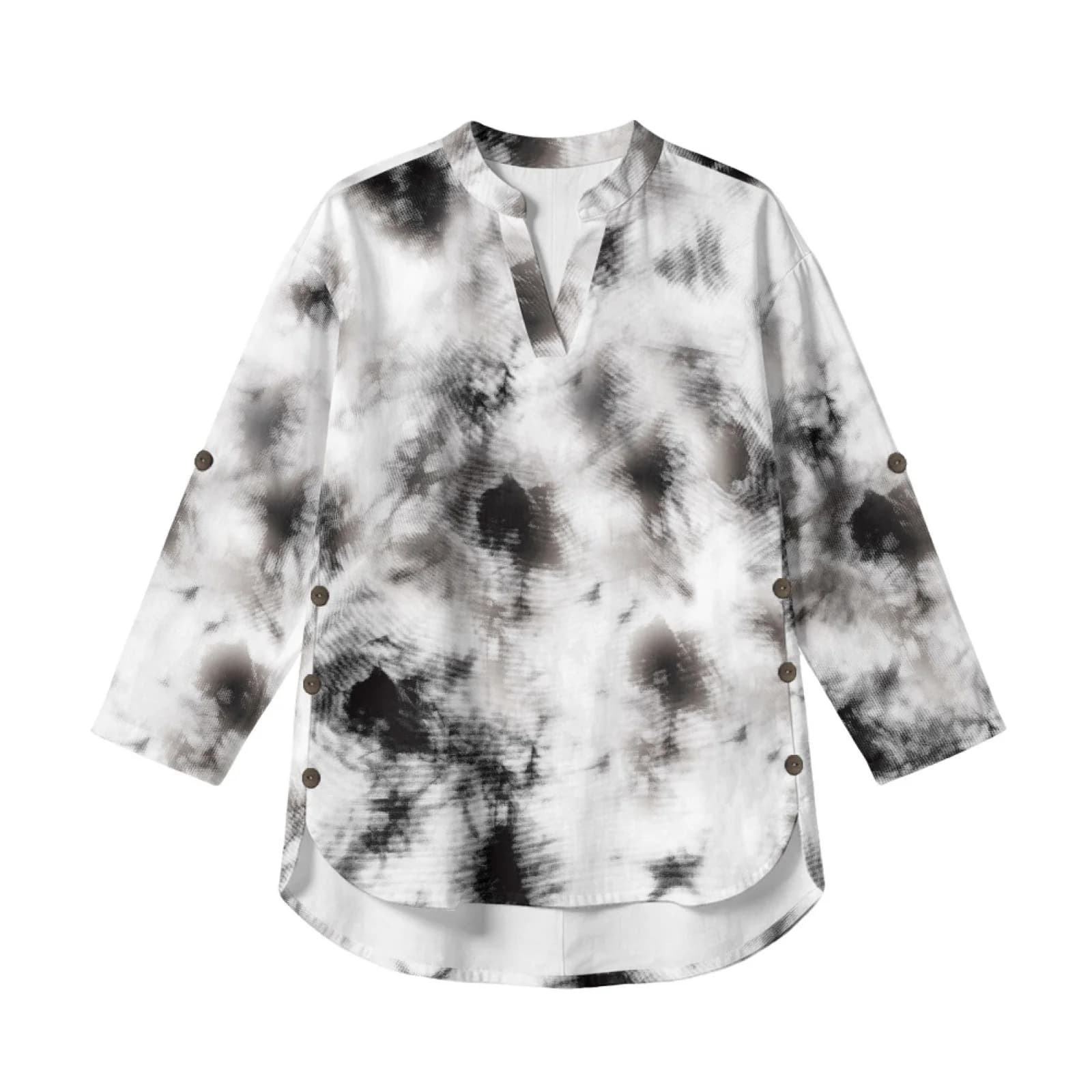 INSTANTARTS Women'S Linen V-Neck Shirt Breathable Long-Sleeved Top Blouse Roll-Up Cuff Lightweight Comfortable Soft Tribal Style