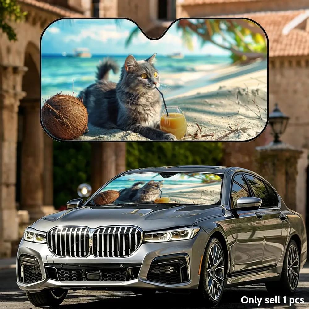 Parasole Universale Pieghevole per Auto con Gatto Sdraiato sulla Spiaggia, Protezione UV e Isolamento Termico