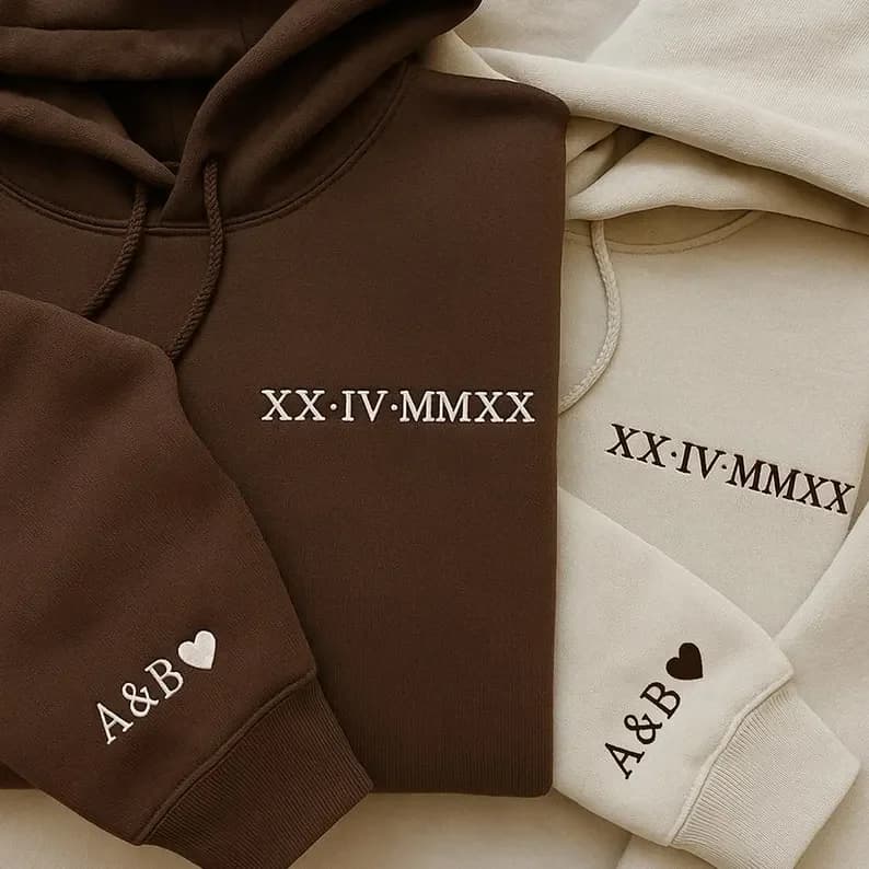 Roman Numeral Embroidered Matching Hoodie, Custom Initials With Heart Sleeve Jumper, Boyfriend Gift, Custom Anniversary Date Top