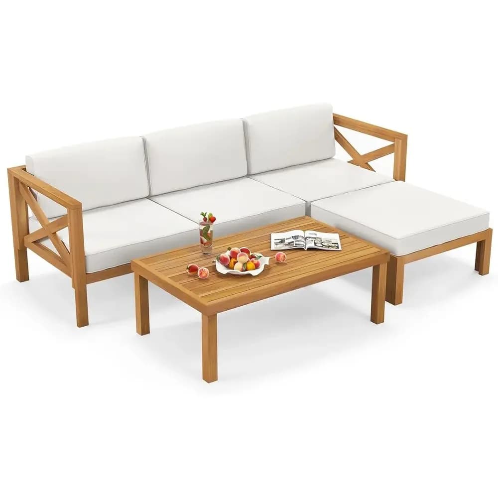 5 Piece Outdoor Contion urniture Set, Acacia Wood Sectional Soa Set with 3 Chairs, 1 Ottoman & 1 Coee Table, Patio Cushioned Soa