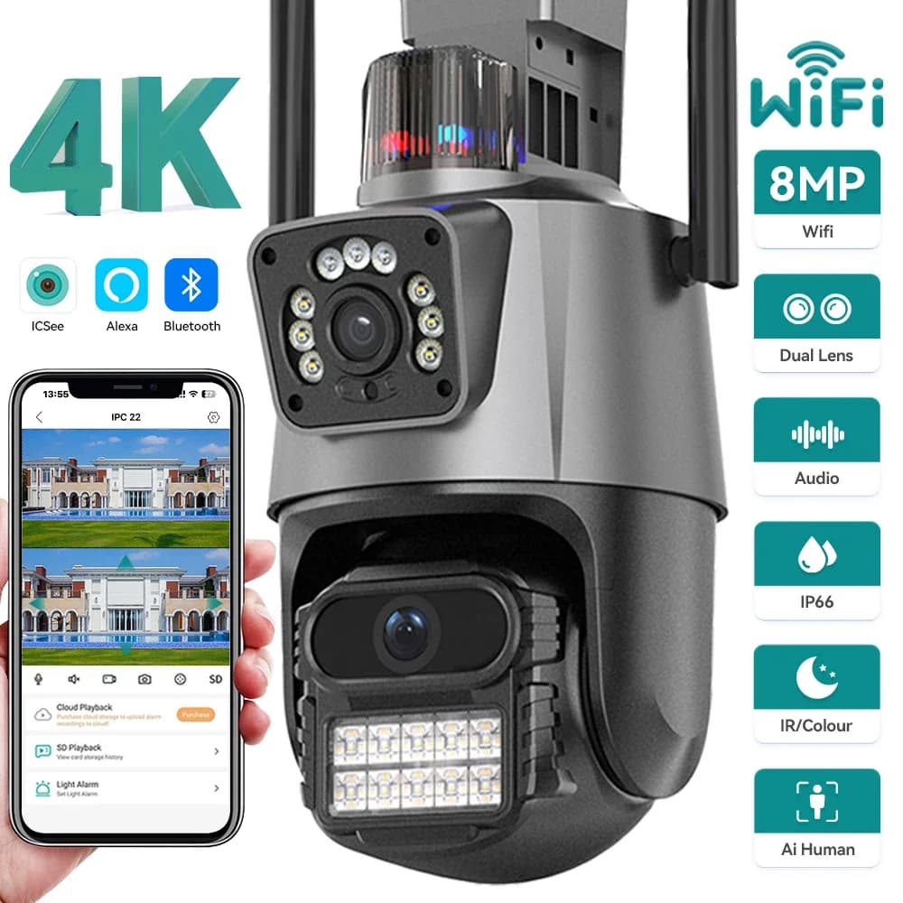 Telecamera di Sorveglianza PTZ WiFi 4K 8MP con Doppia Lente e Doppio Schermo, Impermeabile IP66 per Esterni, Rilevamento Umano AI 4MP, Sicurezza Video, App ICSEE