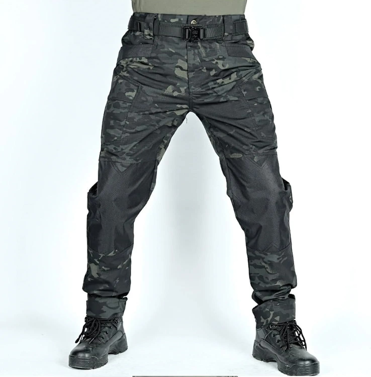 Men's Spliced Knee Pad Tactical Pants Ripstop Multi Pockets Outdoor Hiking Combat Trousers Water Repellent Wear Resistant Work C