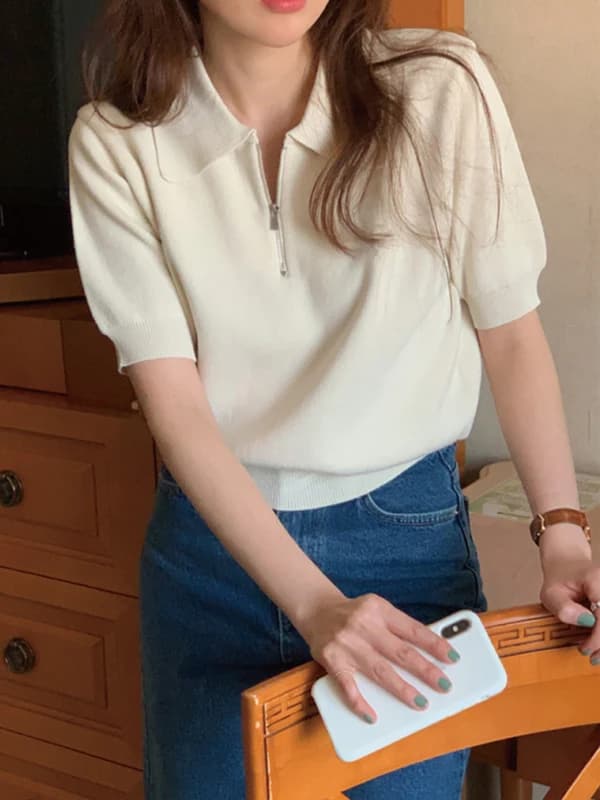 Women's Knitted Short Sleeve T-Shirt Thin Half Zip Unique Design Summer Fashionable Top Quality Polyester Casual Wear