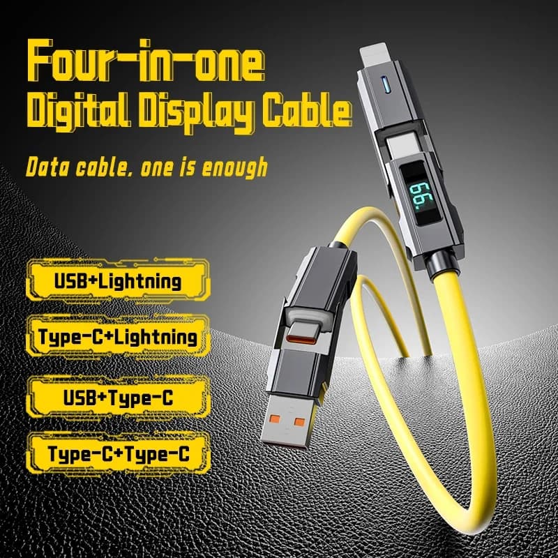 Cavo dati USB con display digitale in silicone 4 in 1 da 66 W per iPhone, cavo di ricarica rapida in lega di zinco PD 66 W Tipo c con design LED