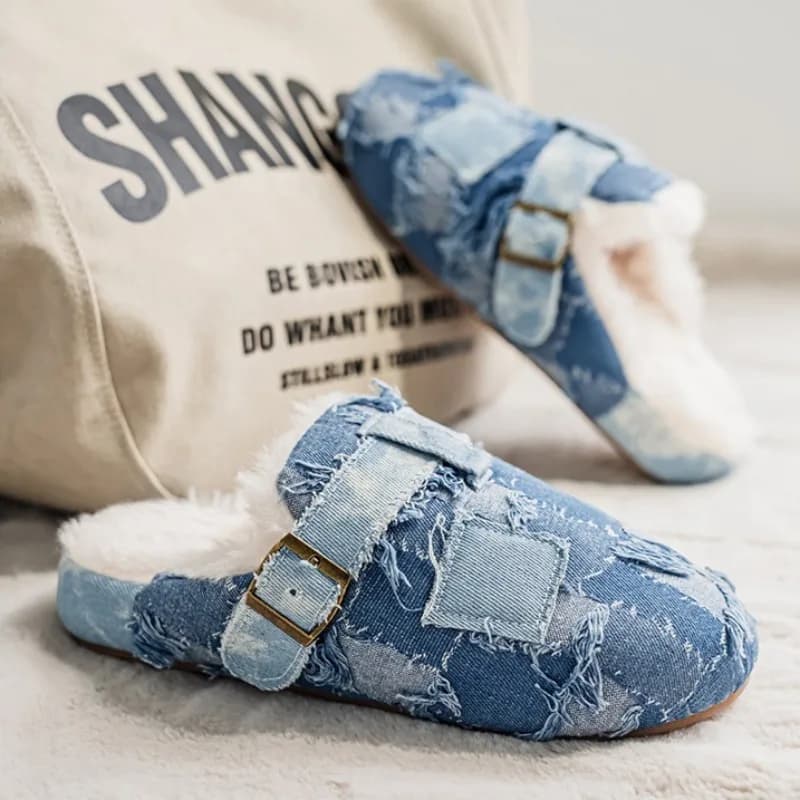 Frangia Nappa Denim Pile Appartamenti Scarpe Donna Inverno Breve Peluche Jeans Patchwork Moda Pantofole Punta Rotonda Caldo Unisex Slidess