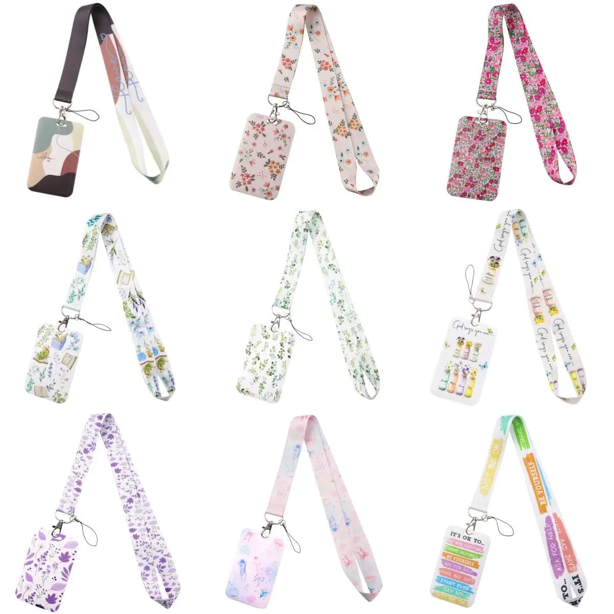 Vintage Women Girls Flower ID Badge Holder Lanyards Neck Strap Door Card Case Hanging Rope Keychain Business Card Gift