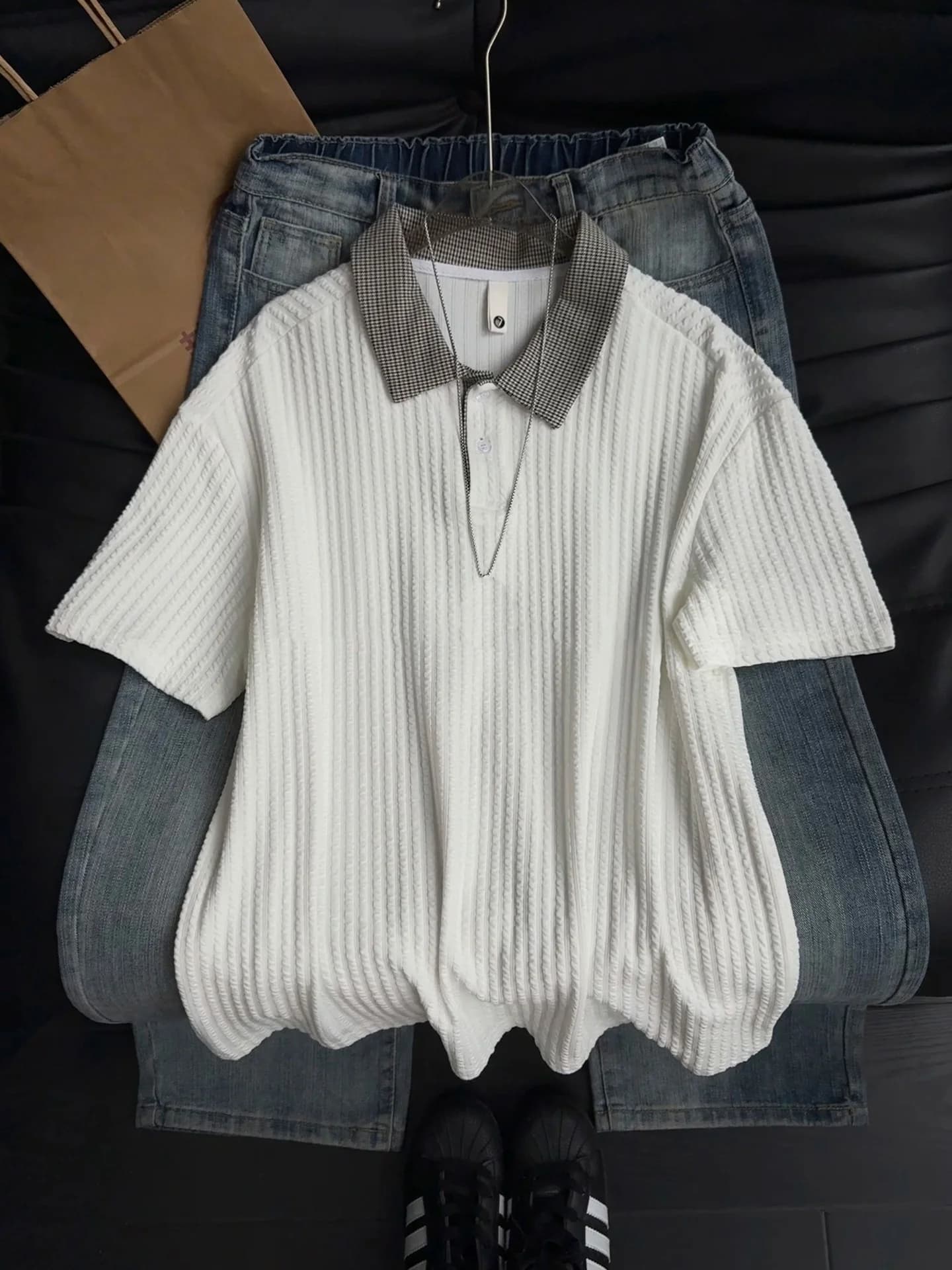 Summer Texture Tweed Short Sleeve Shirt Men's Luxury Business Versatile Half Sleeve T-Shirt Turn-down Collar Top