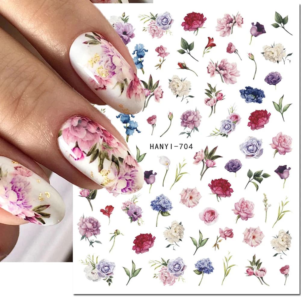 3d Nail Art Stickers Purple Royalblue Bloom Peony Buds Flowers Leaves Self-Adhesive Decals For Nails Decorations Manicures