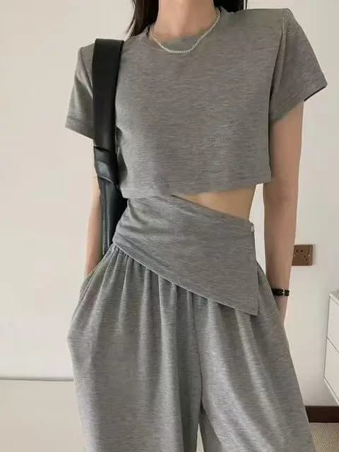 Korean Style Anti-Aging Summer New Design Short Sleeve T-Shirt High Waist Wide Leg Pants Women's Two-Piece Set Casual Sportswear