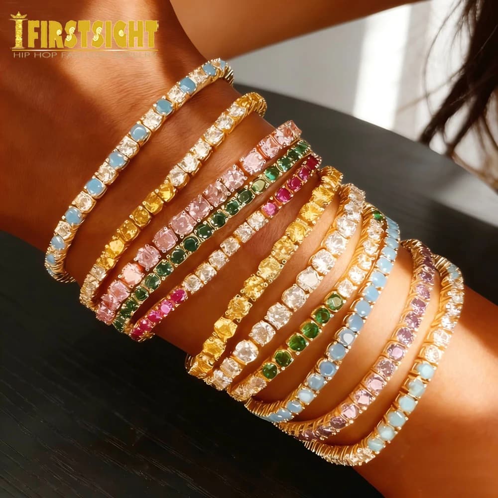 2026 Nuovo Iced Out Rotondo Quadrato Braccialetto Arcobaleno Rosa Cubic Zirconia CZ Tennis Catena Del Braccialetto Hip Hop Gioielli Per Le Donne Degli Uomini