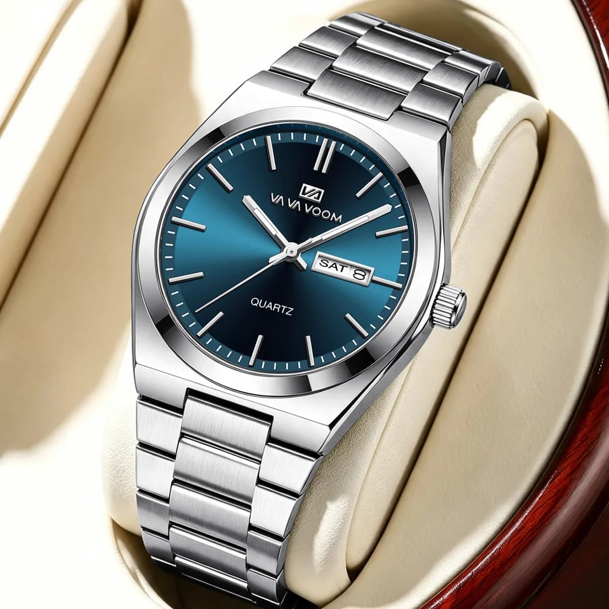 Luxury Watch For Man 3Bar Waterproof Luminous Date Week Silvery Stainless Steel Men Watch Casual Quartz Men Watch Male Clock+Box