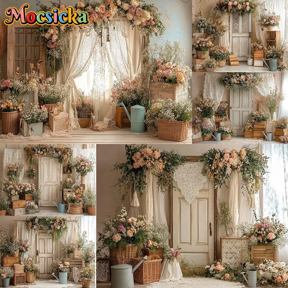 Mocsicka Fondale fotografico Primavera Tende floreali Decorazione Neonato Doccia Sfondi per la prima festa per fotografie