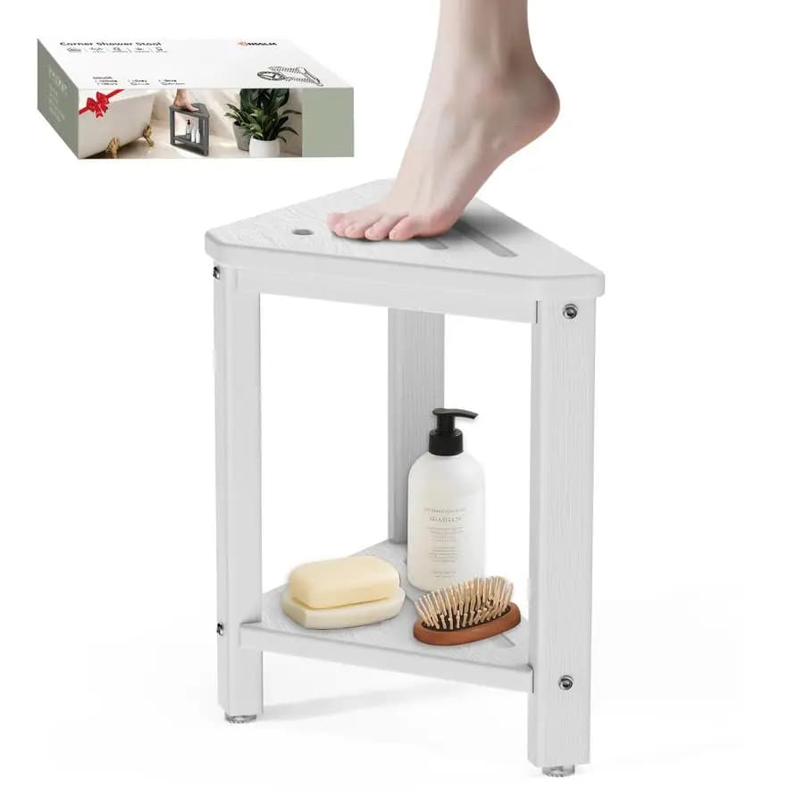 Poggiapiedi 15 Pollici, Sgabello da Doccia Impermeabile in HDPE, Sgabello Angolare per Rasatura Gambe con Ripiano Portaoggetti per Bagno