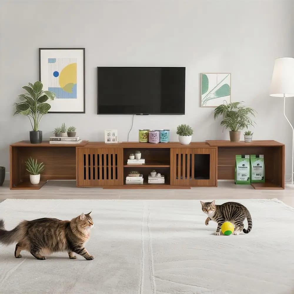 Porta TV allungabile Mid-Century Centro di intrattenimento in legno di noce con custodia nascosta per lettiera per gatti da 54,3" a 80"