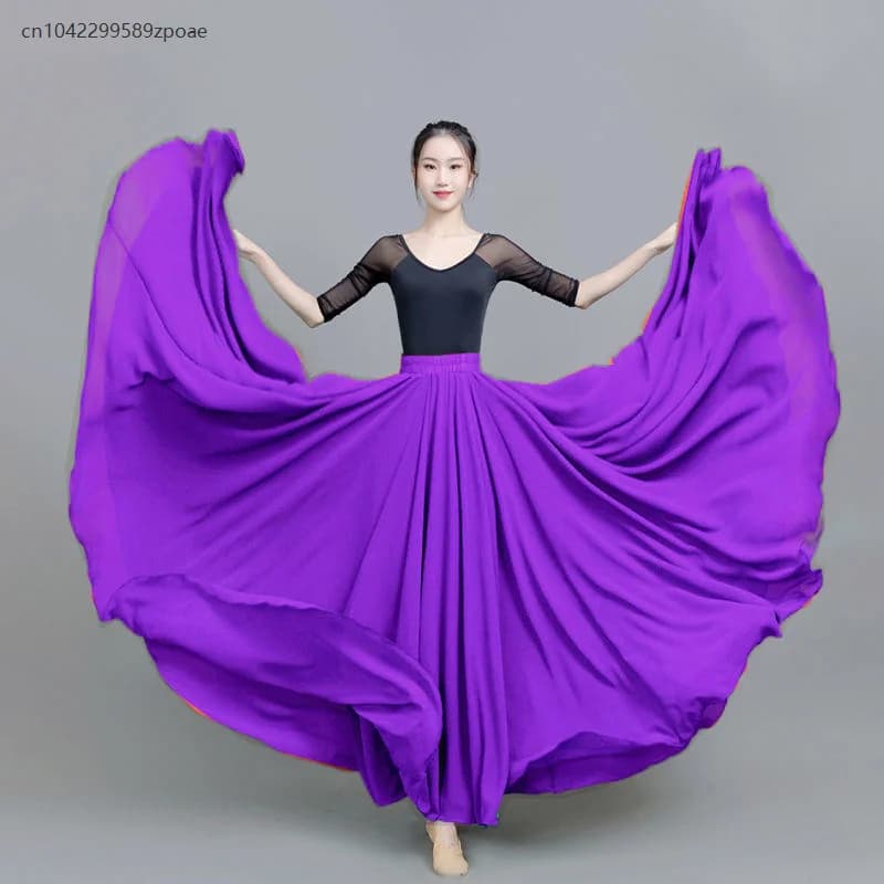 Gonna tinta unita per danza del ventre da donna Gonna lunga a doppio strato da 720 gradi Mezza gonna Abiti da allenamento per danza moderna