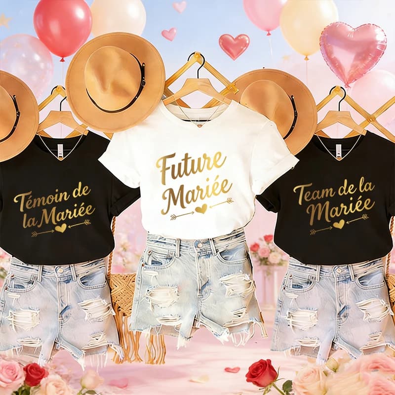 T-shirt da Sposa Francese con Stampa in Lamina Dorata Lucida, Top Casual con Scollo a O per Addio al Nubilato