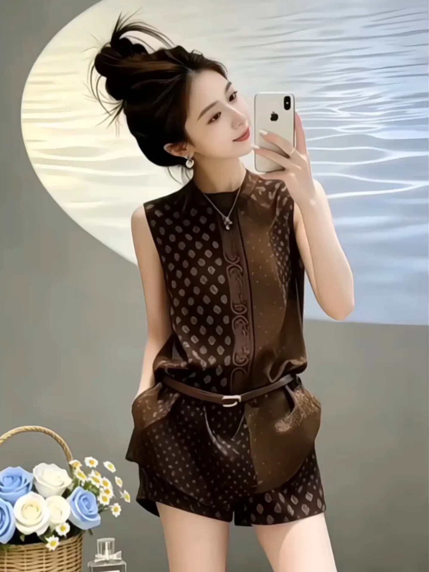 Women 2 Piece Set Sleeveless Stand Collar Polka Dot Satin Top High Waist Shorts With Belt Brown Elegant Office Summer Outfits