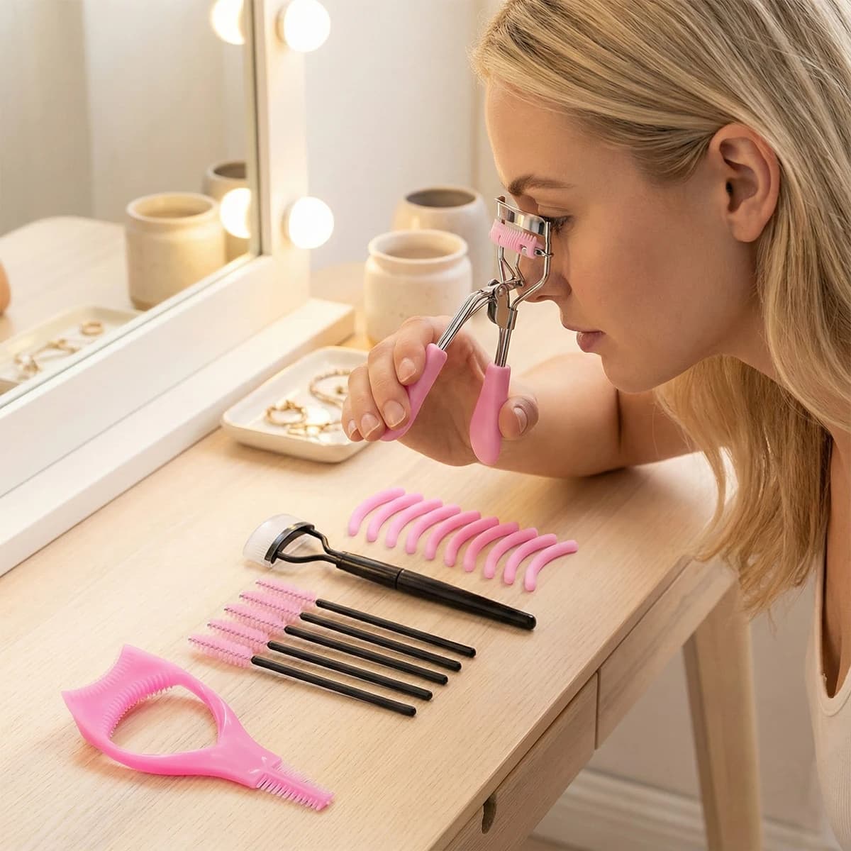 Set of 11/15/16/17 pieces with eyelashes with pink handle and comb, with replaceable adhesive tape, curved fold.