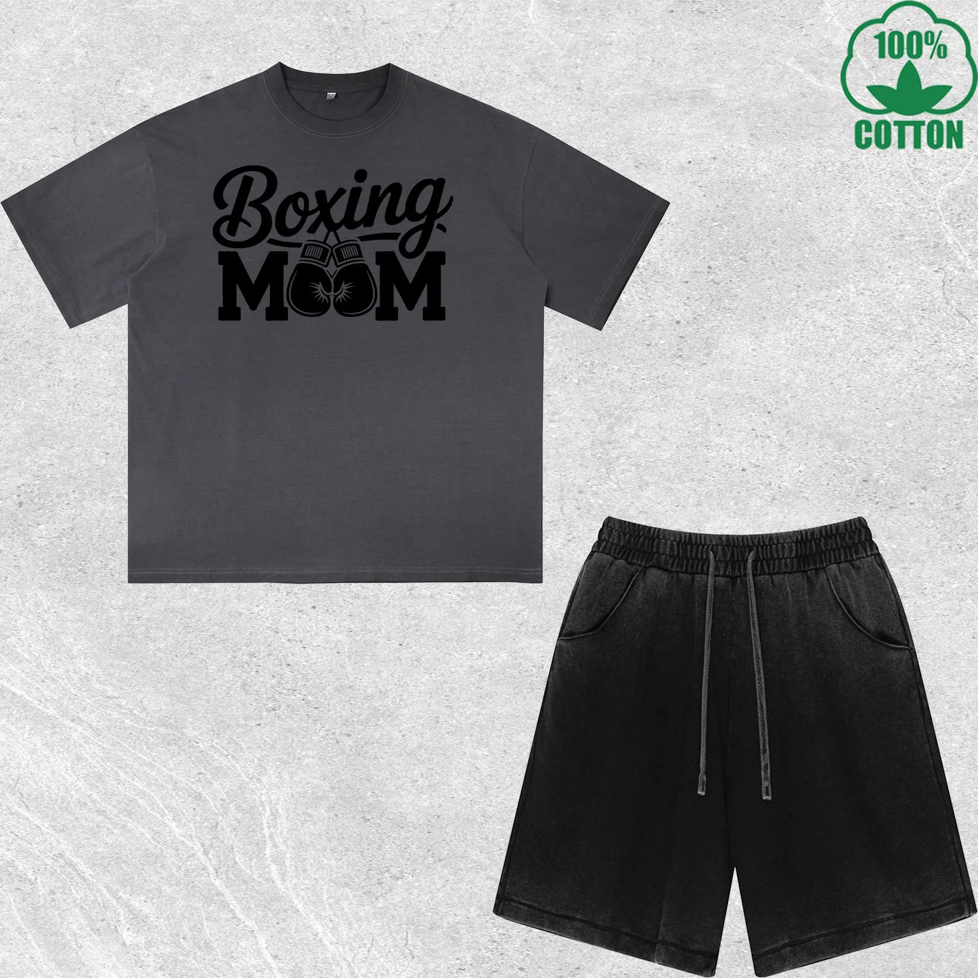 T-Shirt Set and Shorts with Print 'Boxing Mom' Washed Effect, Multicolor, Trendy Style and Comfortable, 100% Cotton