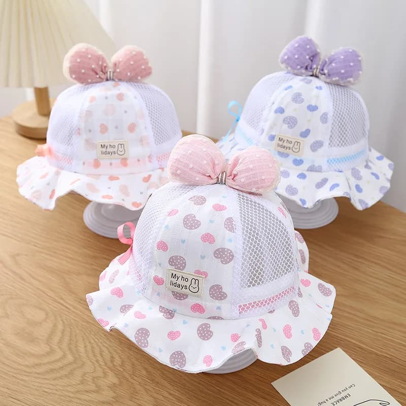 Cappelli da pescatore estivi per bambini Visiere parasole sottili e traspiranti per bambini Cappello da bacino per bambini con fiocco carino Berretto di protezione solare per bambini a tesa larga