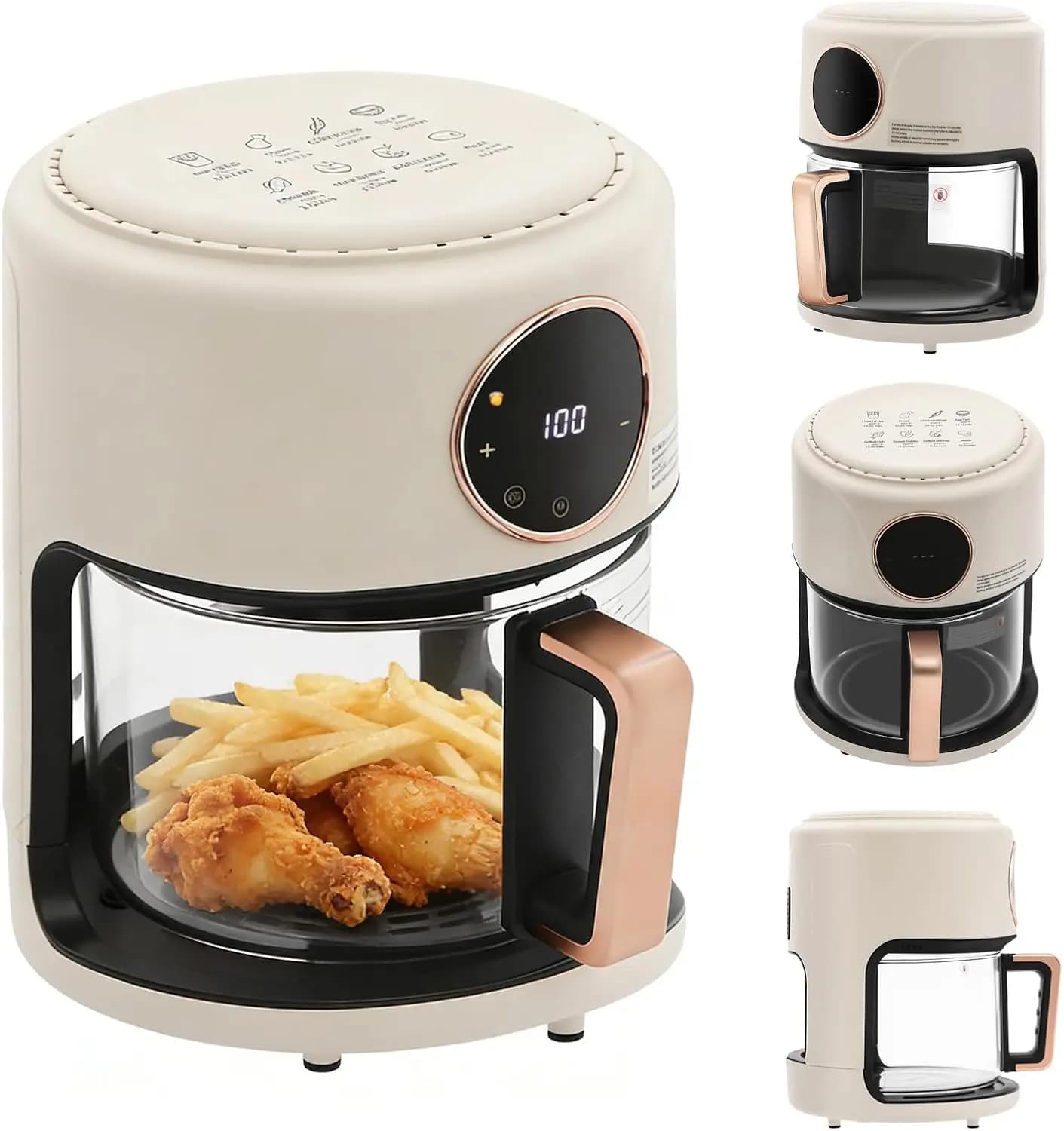 1200W 110V Glass Air Fryer, 4.44QT 360° Visible, 8-in-1 Digital Air Fryer, Adjustable Temp 175-392°F, 60-Min Timer with Grill Ra