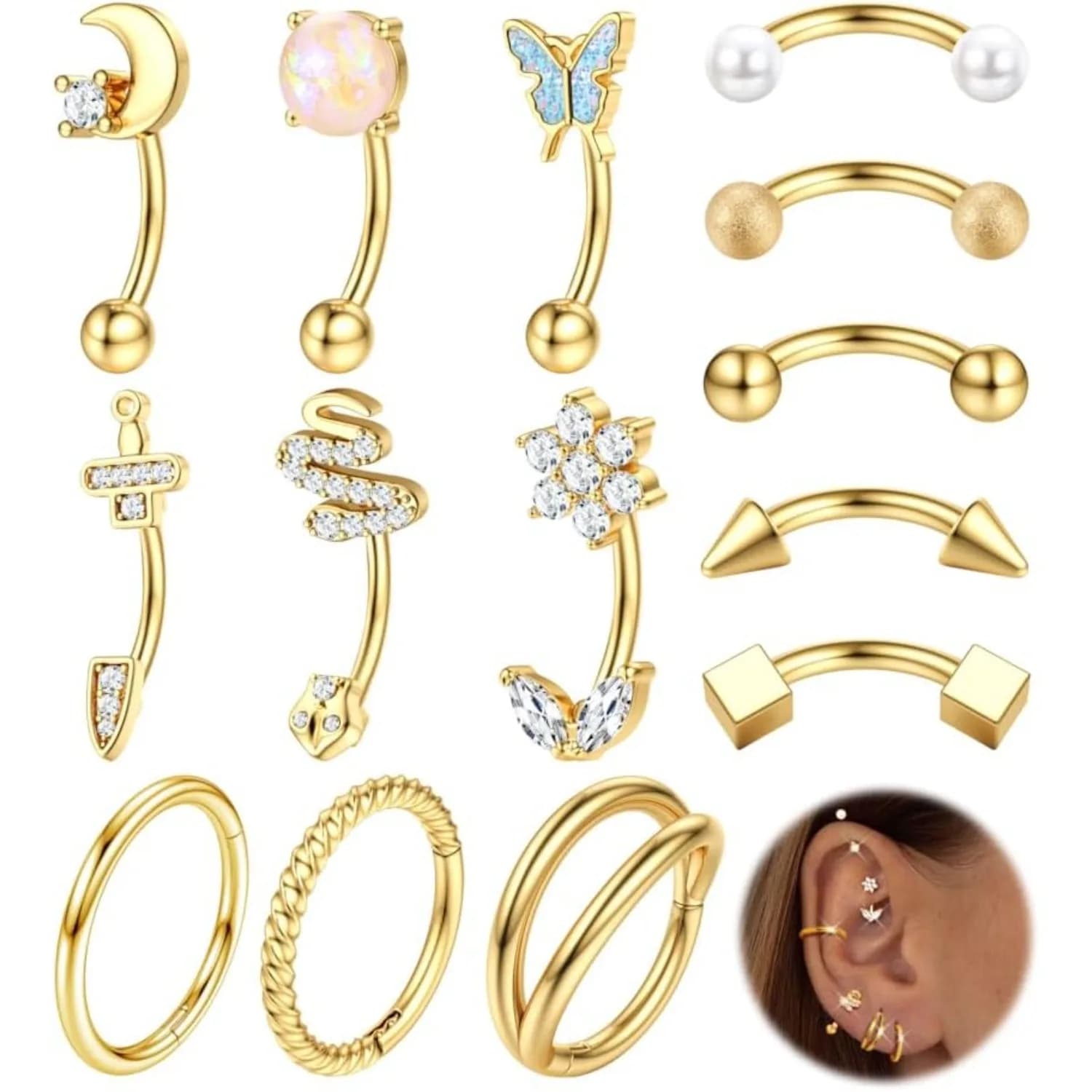 14PCS Acciaio chirurgico Sopracciglio 16G Orecchini Rook per le donne Anelli per sopracciglia Anello per labbro della pancia Cartilagine Elica Trago Body Piercing