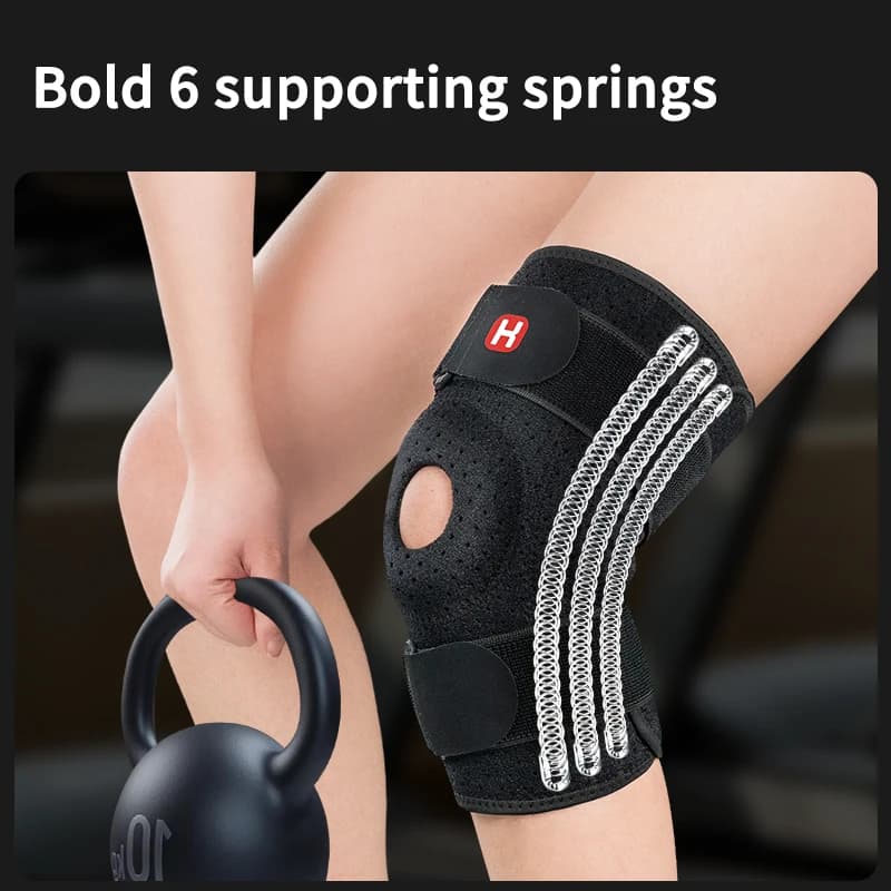 Ginocchiera sportiva a compressione, stabilizzante per le articolazioni del ginocchio, per uomo e donna, supporto rinforzato a sei molle, traspirante e stabilizzante.