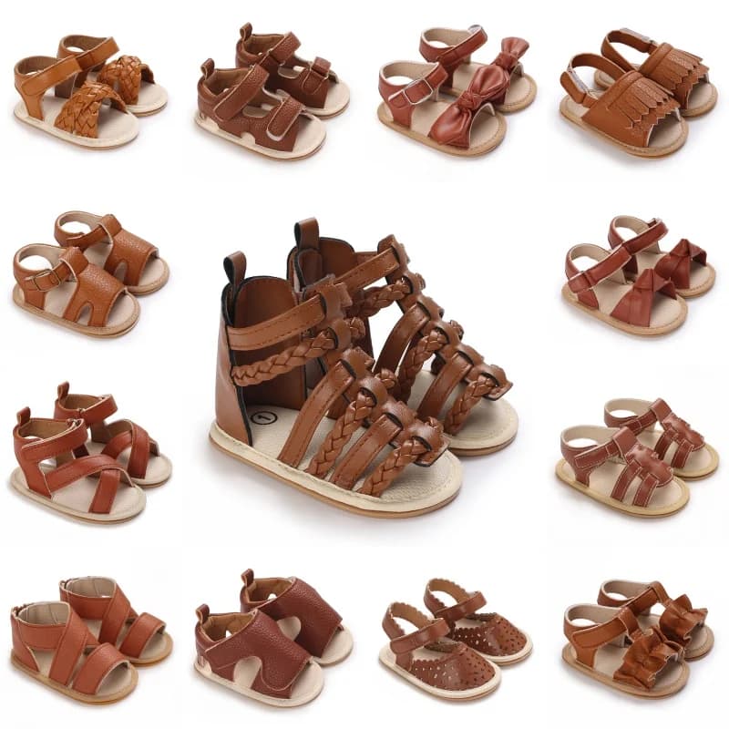 Brown Summer 0-18M Newborn Sandals Cute Bow Soft Rubber Sole Anti Slip Breathable Baby's First Pair Of Walking Shoes