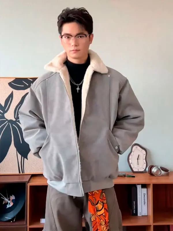 Retro American Lamb Velvet Cotton Jacket Men's Winter Fleece Lined Warm Cleanfit High Collar Jacket Outerwear Casual Wear