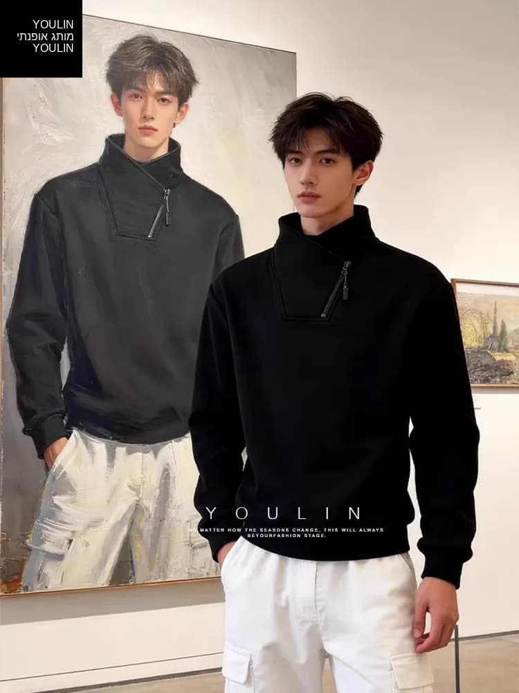American Style Zipper Hoodie Men's Long Sleeve Fleece Lined High Collar Thick Warm Inner Wear Casual Street Style Winter Top
