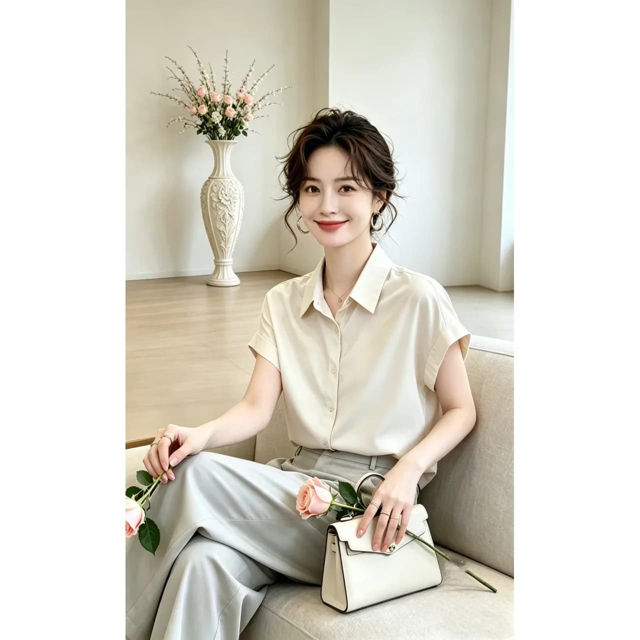 Elegant Short Sleeve Turn-down Collar Shirt Unique Versatile Simple Age-reducing Meat-concealing Top for Women Summer New Arr...