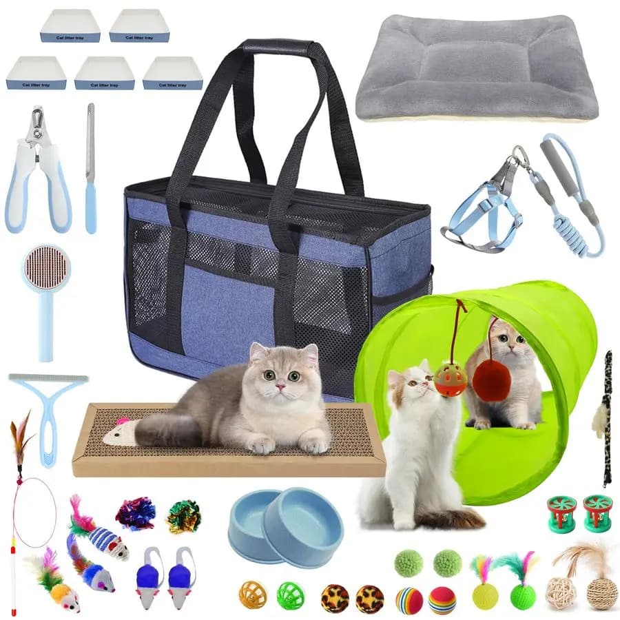 Kit Essenziale per Gattini, Ideale per Gatti Sotto i 6 Mesi, Accessori per Gatti, Set di 23 Giocattoli, Cuccia, Trasportino, Lettiera Monouso