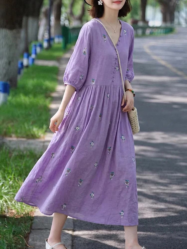 Summer 2026 Floral Print Loose V-Neck Women's Dress Cotton Polyester Blend A-Line Midi Skirt Casual Comfortable Slimming Effect