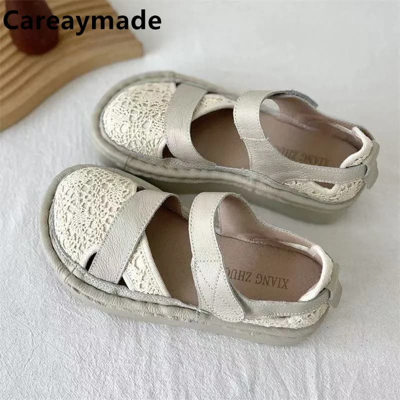 Careaymade-Scarpe da donna con punta larga in vera pelle, sandali da donna traspiranti casual estivi con superficie in rete con suola spessa fatti a mano