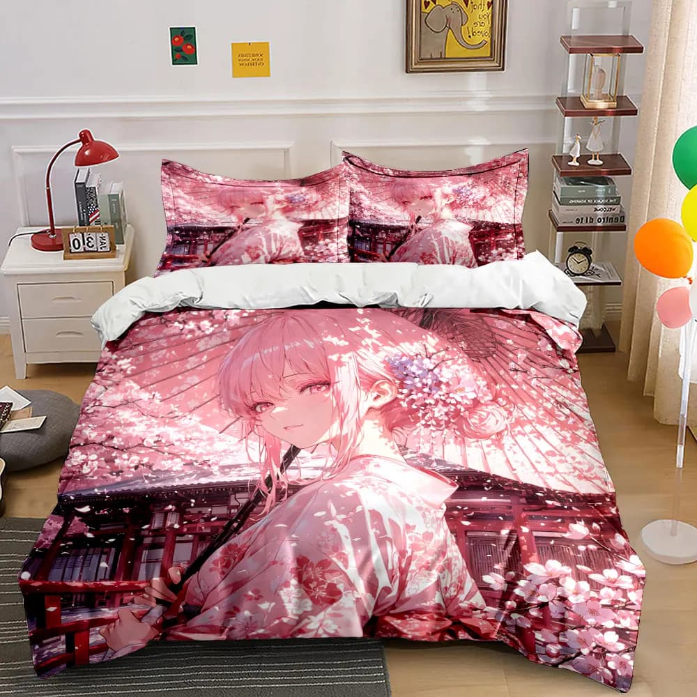 Elegant girl in kimono with cherry blossoms Print Soft Comfortable Duvet Cover Bedding Set Included 1*Duvet Cover 2*Pillowcases