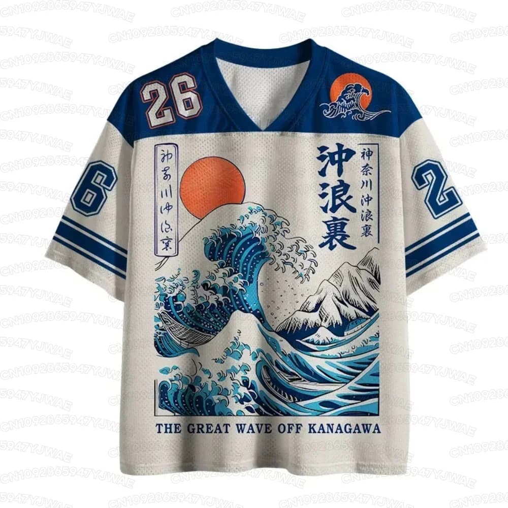 2026 New Summer Retro Japanese Ukiyo-e Wave Print Unisex Sports Jersey Breathable Mesh V-Neck Streetwear Kid T-shirt Tops