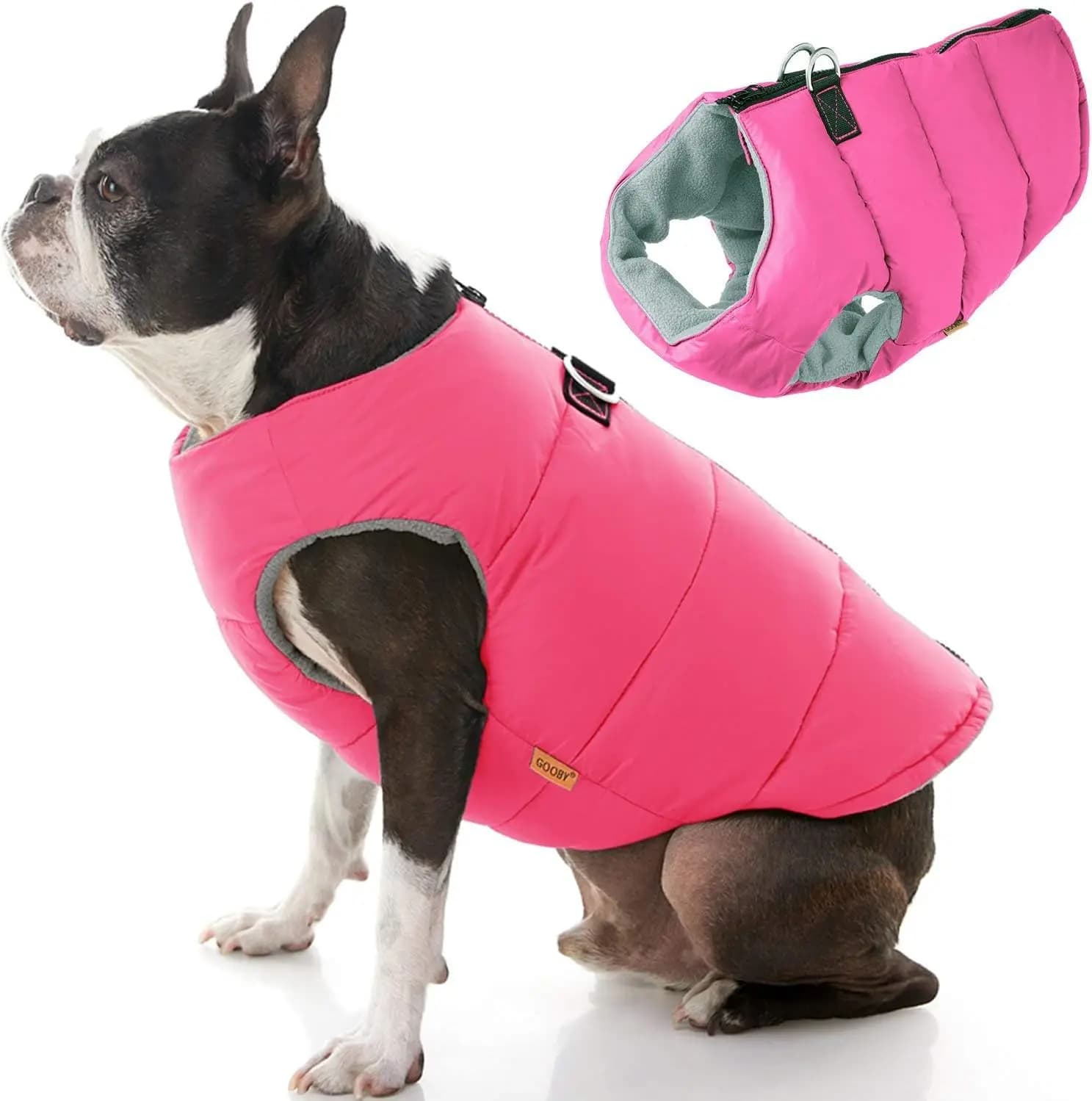 Giacca calda in pile per cani, gilet con cerniera resistente all'acqua e anello per guinzaglio per cani di taglia piccola e media - Rosa