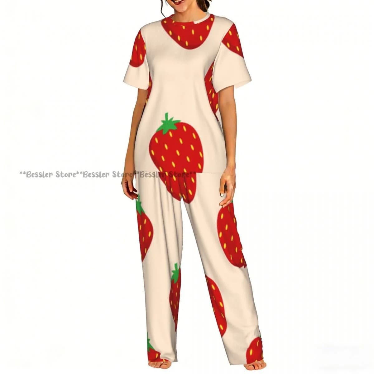 Women's Pijama Set with Strawberry Illustration, Court Sleeves, 2 Pieces, Home and Relax Clothing