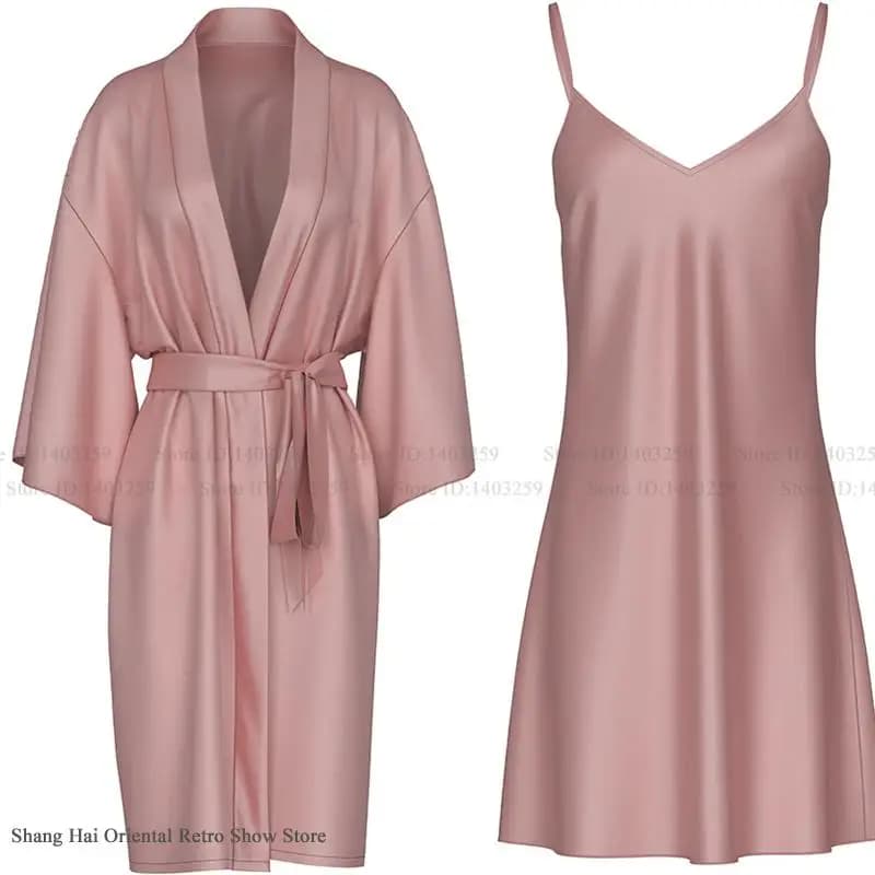 Abito da sposa da sposa in seta rosa ghiaccio Camicia da notte Lingerie sexy Donna Camicia da notte con cinturino per spaghetti Homewear Accappatoio allentato Pigiama