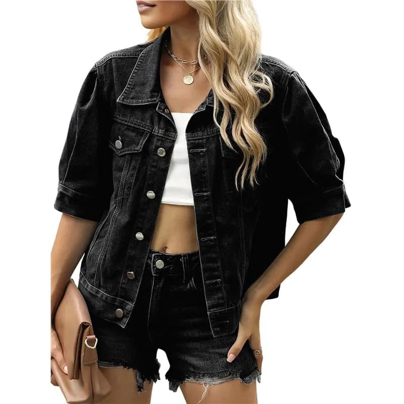 ABRT- Women's short jeans jacket with 3/4 sleeves and twisted buttons, short lorry jeans jackets
