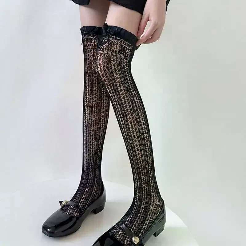 Calze lunghe sopra il ginocchio con fiocco da balletto e pizzo traforato, stile JK, morbide ed elastiche, per ragazze e costumi cosplay.