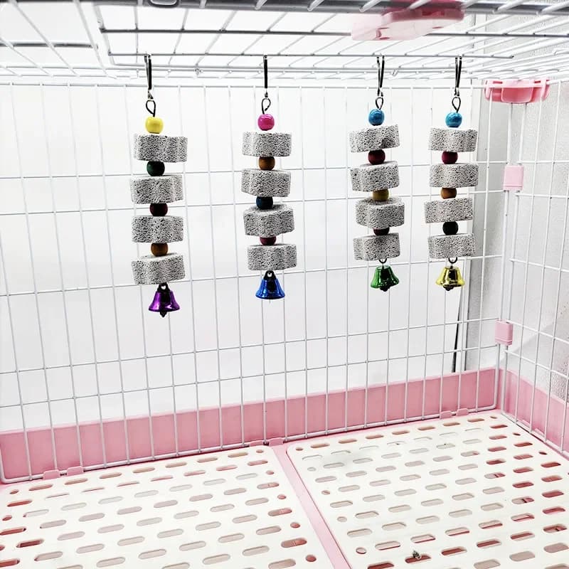 Hanging Bird Chew Toy with Mineral Blocks, Wooden Beads and Bell, Cage Enrichment Toy for Parakeet Cockatiel Budgie Parrot