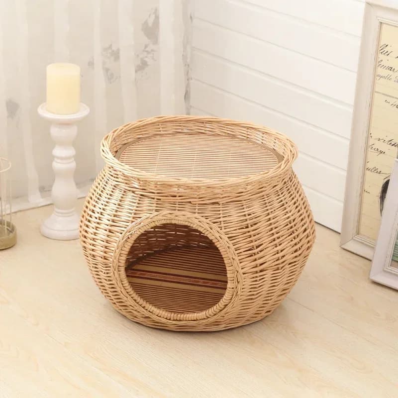 Manual Rattan Cat House, Natural Wicker Weaving Cat Nest, Durable Green Pet House, Thick Mat for Big Pets, Eco-Friendly Shelter