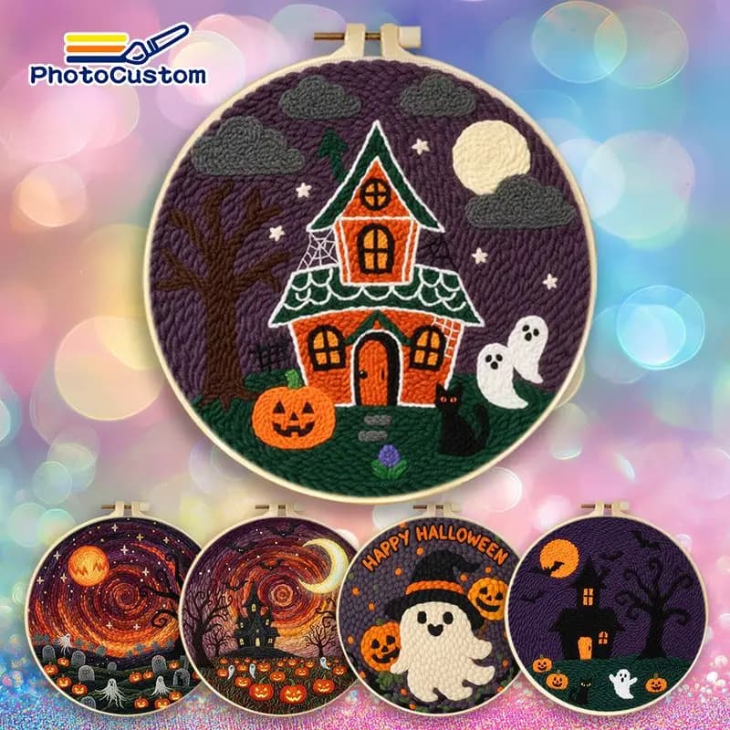 PhotoCustom Cabin Punch Needle Kit Handicraft Art Cross Stitch Kits Halloween Punch Needle Rug Kit Picture Craft Kits
