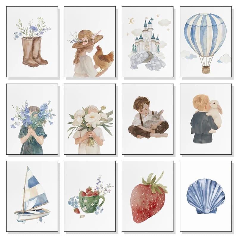Lovely Boots Wildflowers Farmhouses Animals Fairy Tales Castles Dwarves Cartoon Art Poster Canvas Print Baby Room Wall Decor