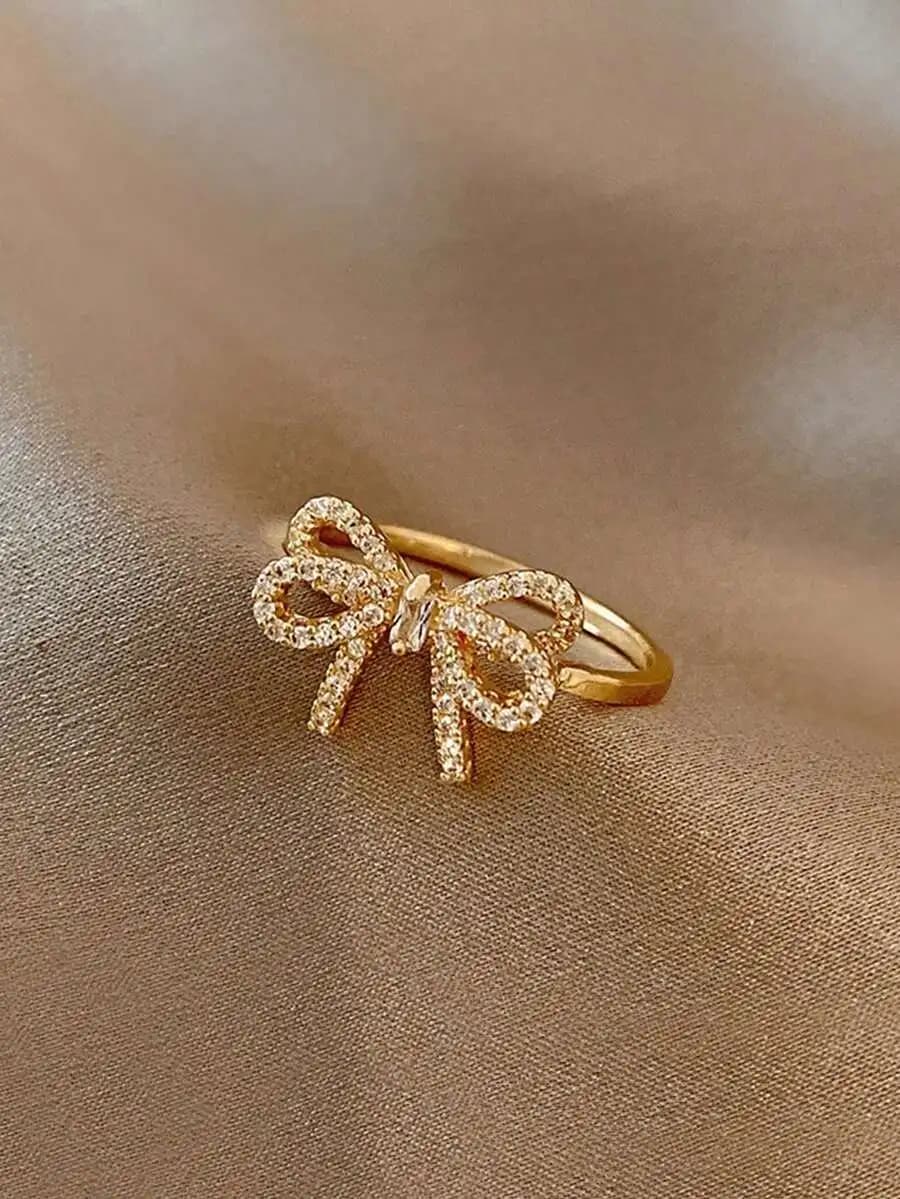1pc Fashionable Personalized Sweet Creative Design Micro-Inlaid Cubic Zirconia Bowknot Open Ring Valentines, Mom, Mother, Mother