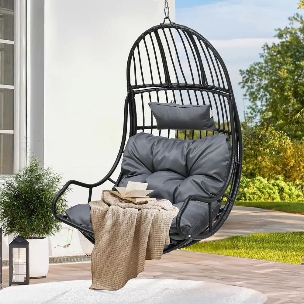 Egg-shaped rocking chair in wickers for interior and exterior with cushions, 150 kg, for patio, bedroom, garden and balcony