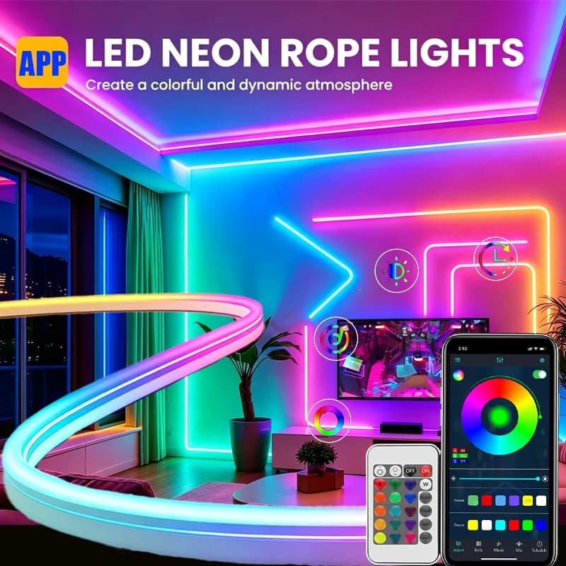 Smart USB Powered RGB Neon LED Strip Light Dimmable 16 Million Colors Flexible Freely Arranged 24Key Remote App Control Music