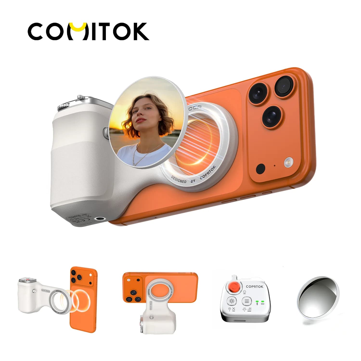 COMITOK MOCA ARCO Impugnatura per fotocamera iPhone con specchio, telecomando Bluetooth rimovibile, area ergonomica per il poggiapolsi, compatibile con MagSafe per iOS17/18/26, impugnatura magnetica Fun Shot per telefono, compatta per viaggi, fotografia e vlogging